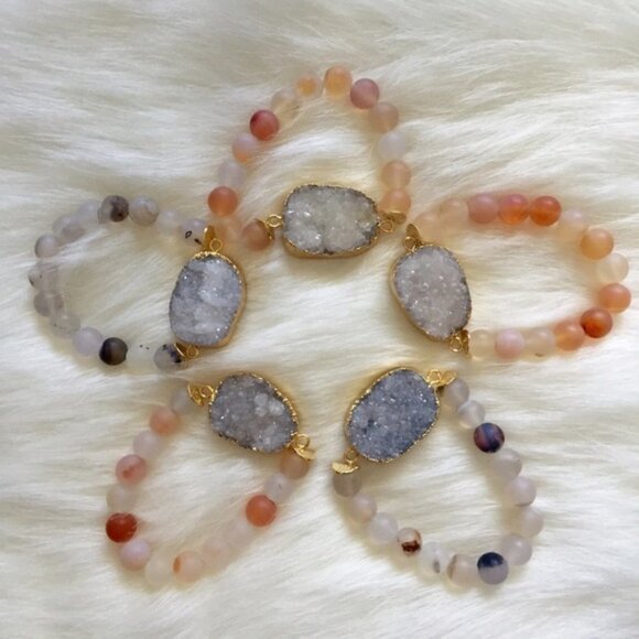 Gold Plated Druzy and Frosted Agate Bracelet - Picture 1 of 4